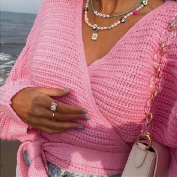 Zara Sweaters Zara Pink Wrap Belted Tie Waist V Neck Knit Sweater